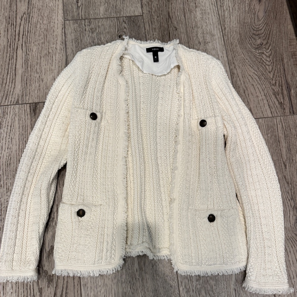 Aqua Bloomingdale's Cardigan Jacket Blazer Sweater Fringe Trim Ivory Small New!
